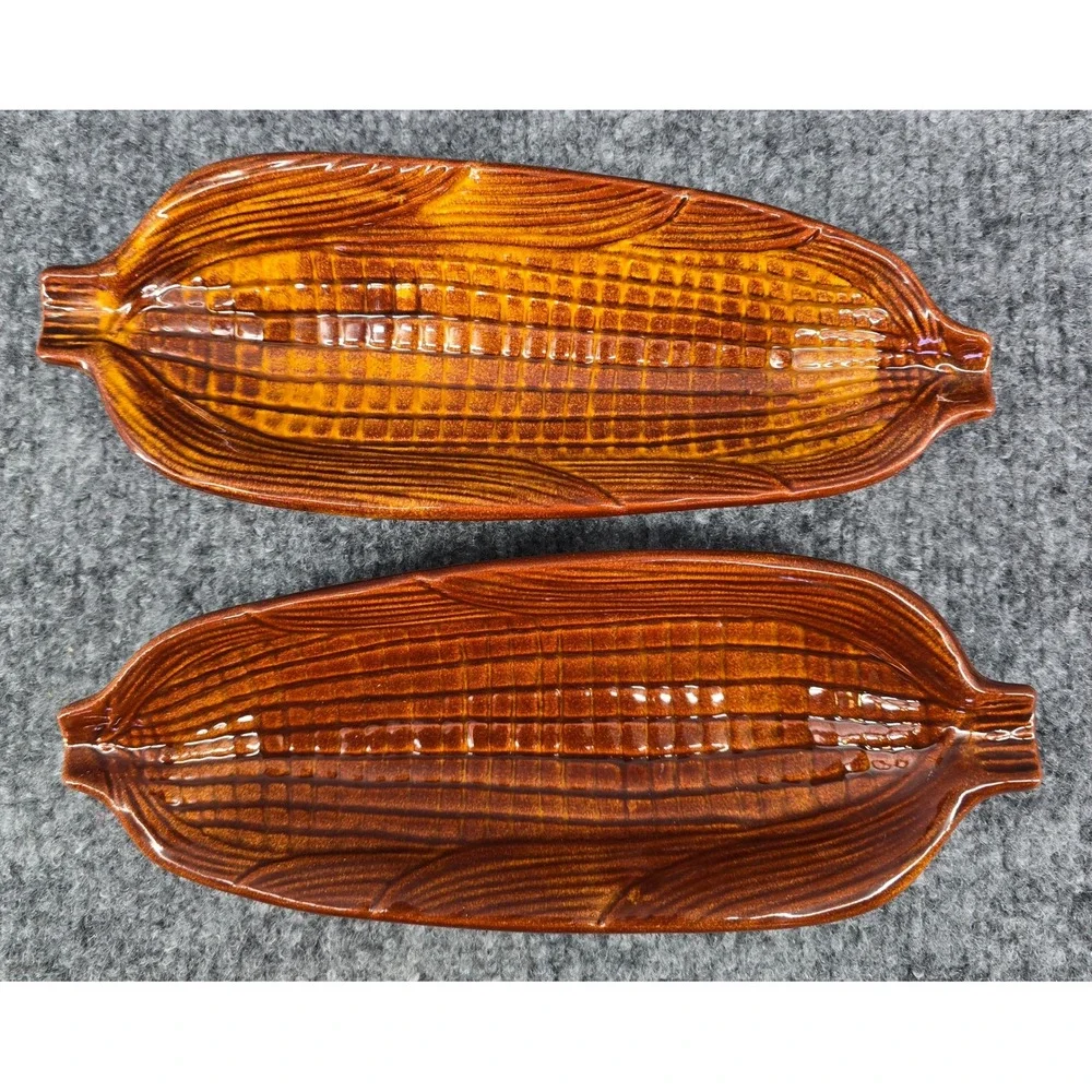 4 Vtg California Pottery USA Corn on the Cob Trays Brown Drip Glaze Ceramic 70s